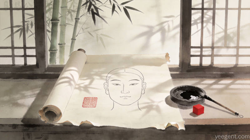 书法卷轴风格的面相学意境图配以朱砂印章