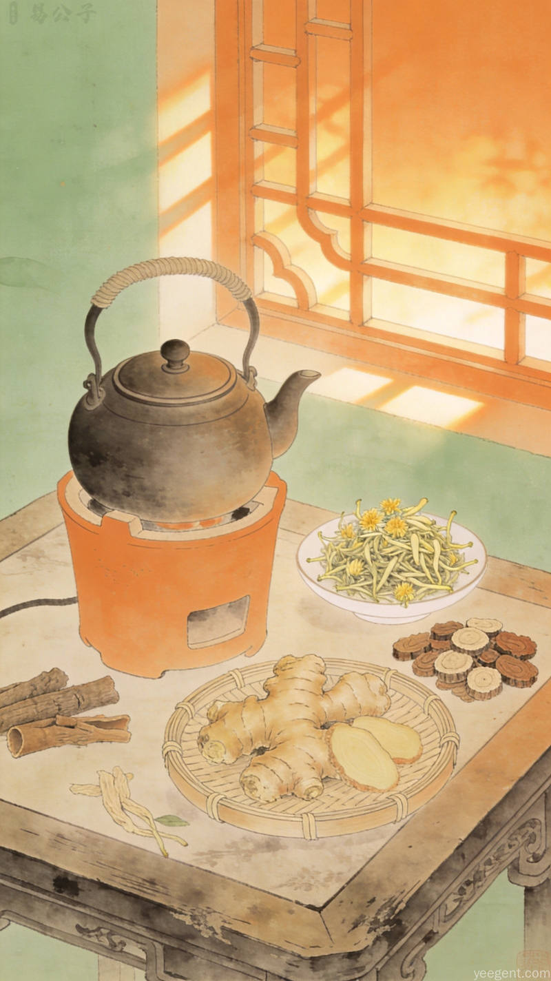 三伏天传统养生伏茶与中草药的工笔画风格