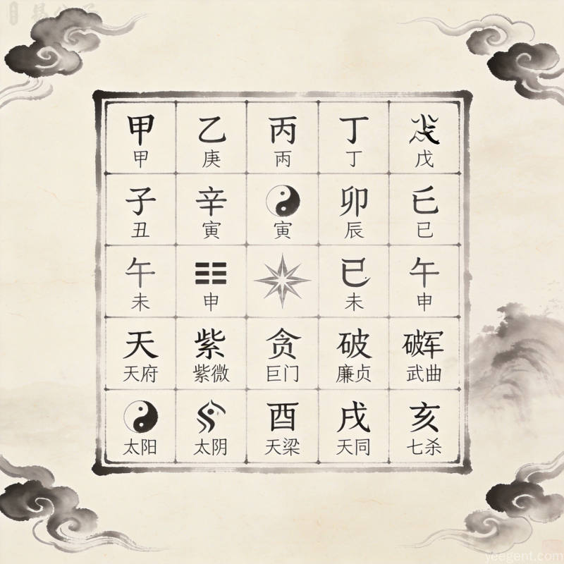 水墨风格的四化星流转与主星亮度等级示意图