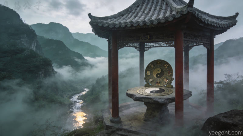 山间云雾古亭石桌上摆放太极图与命盘