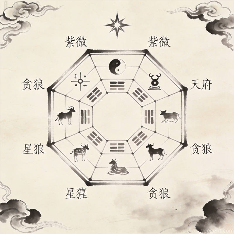 传统宣纸纹理上的紫微斗数星曜分类艺术图案