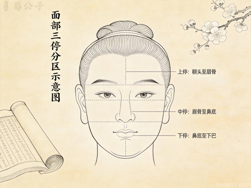 工笔白描风格的面部三停分区示意图,搭配古书卷轴和梅花元素