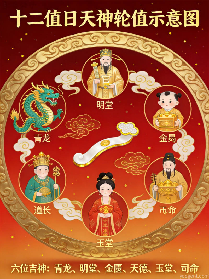 红金配色的十二值日天神轮值圆形排列示意图,搭配祥云如意纹样