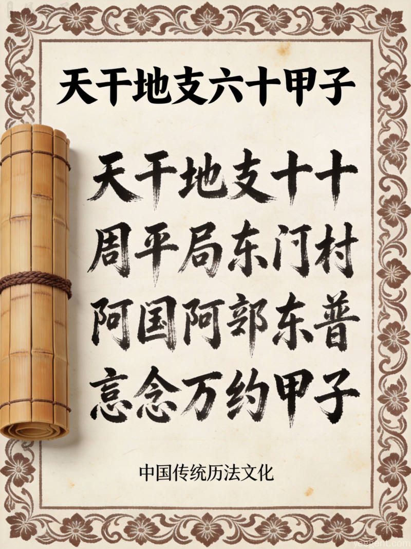 宣纸纹理背景上的天干地支六十甲子排列,搭配竹简传统纹样边框
