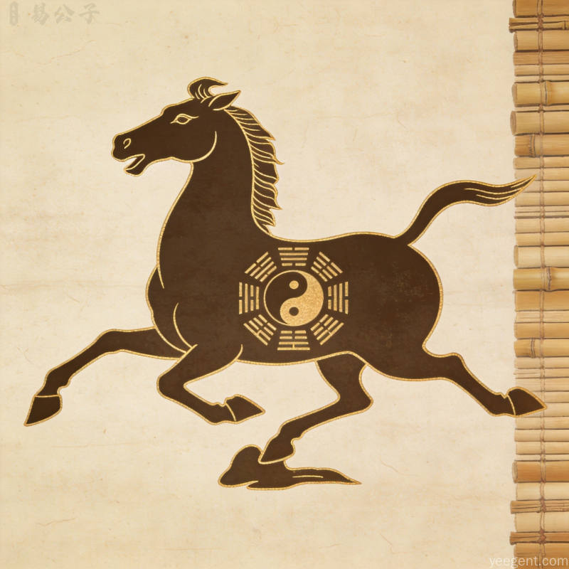 金线勾勒的马形轮廓与八卦符号组合宣纸纹理古典雅致背景
