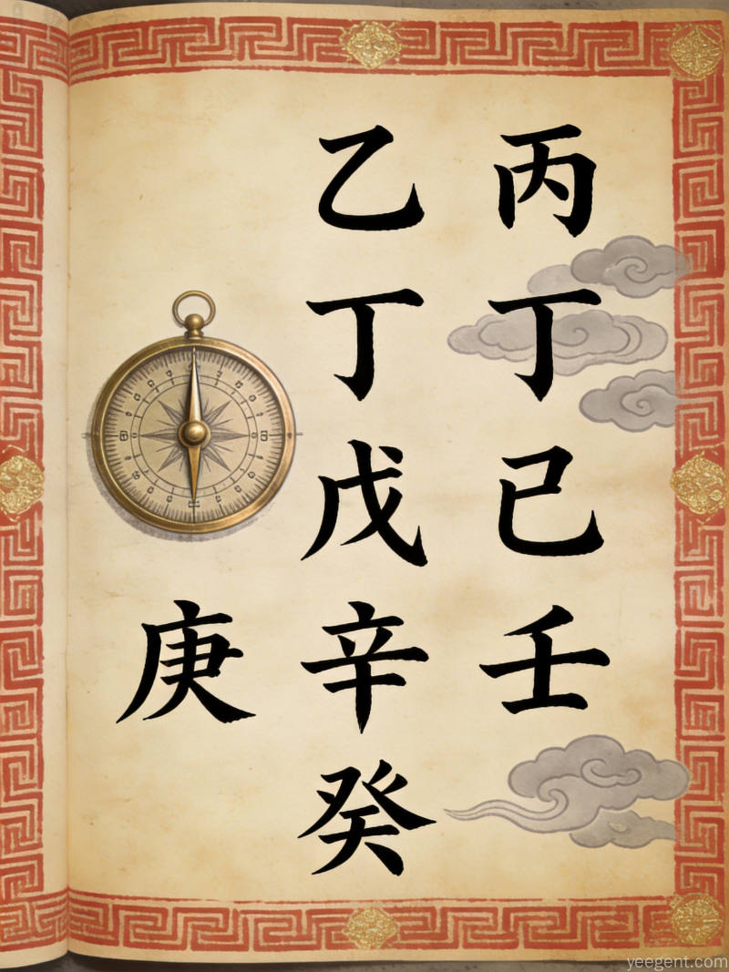 古籍风格三奇六仪天干符号展示,配以罗盘纹饰