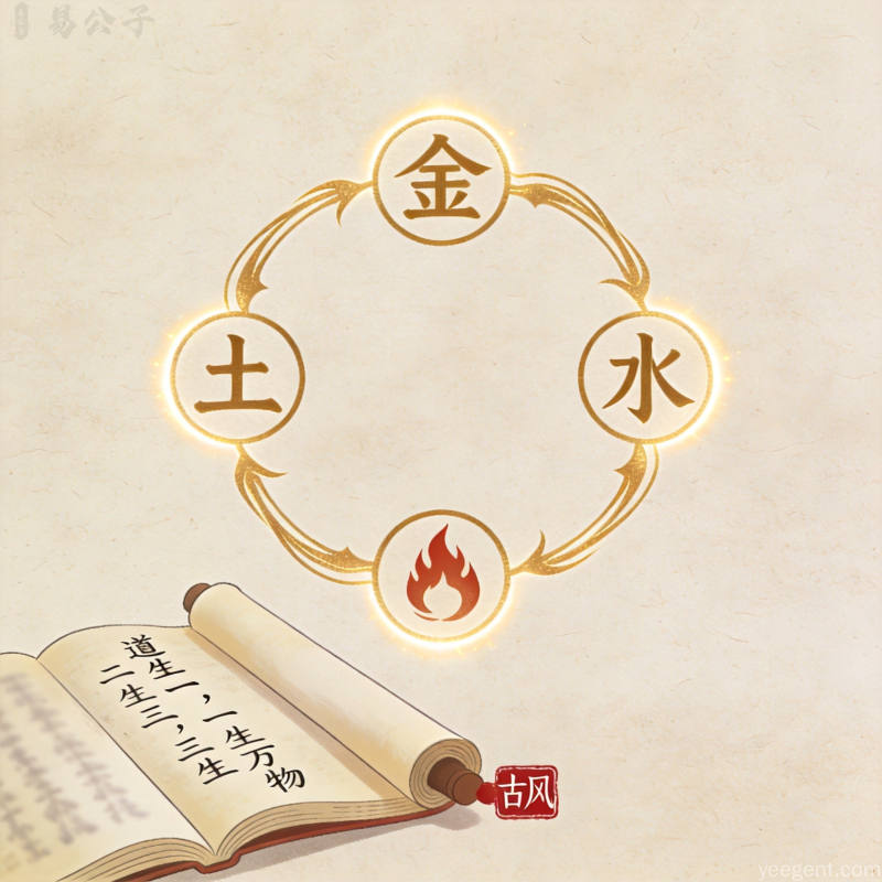 金线勾勒的五行相生循环图案辅以古书卷轴米色底古朴典雅风格
