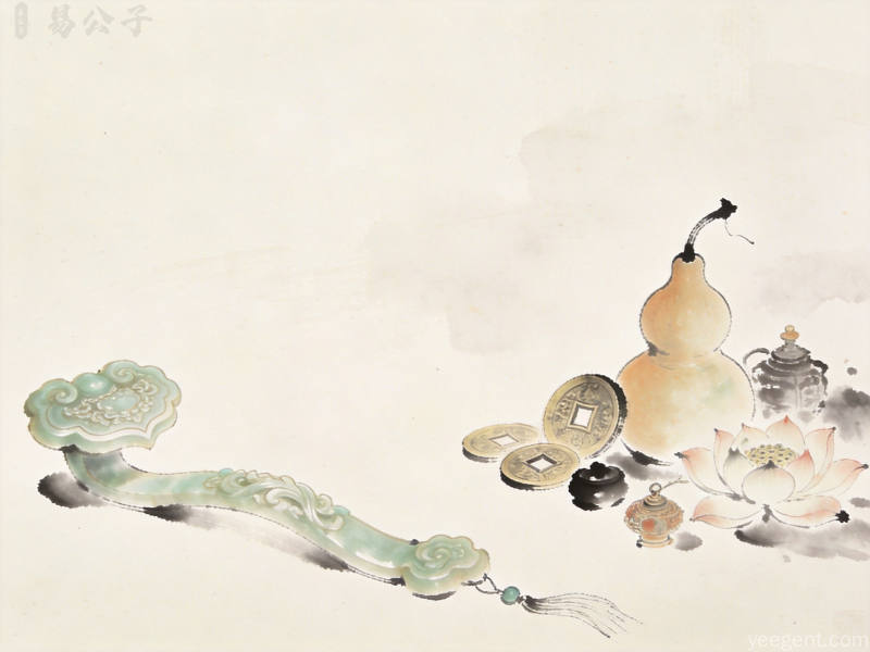 水墨风格传统如意摆件与吉祥器物组合