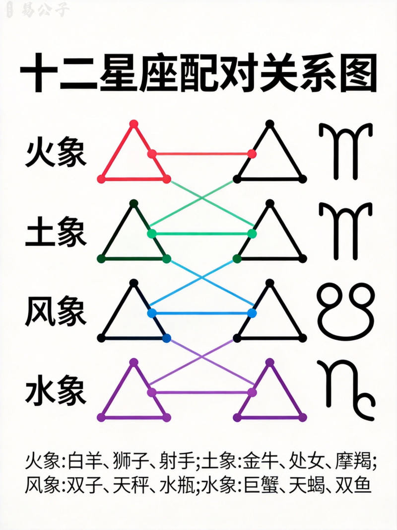 十二星座四象分组连线图,展示同象与互补配对关系