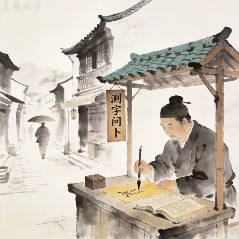 古代书坊街景中测字摊搭配印章古籍元素水墨留白典雅古朴风格