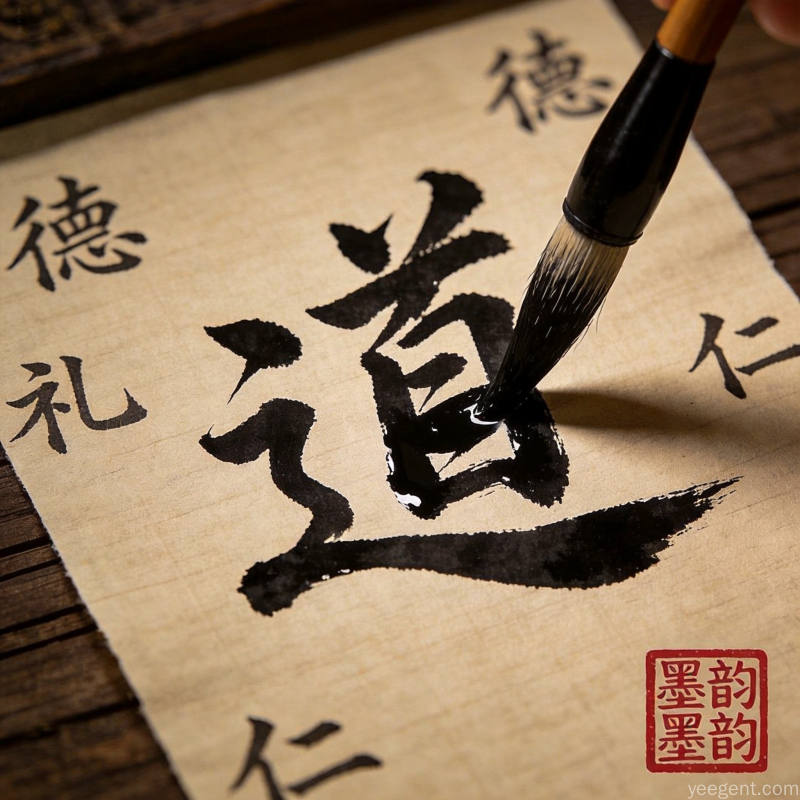 毛笔在宣纸上书写古文搭配散落古代文字和印章深棕色调沉稳厚重