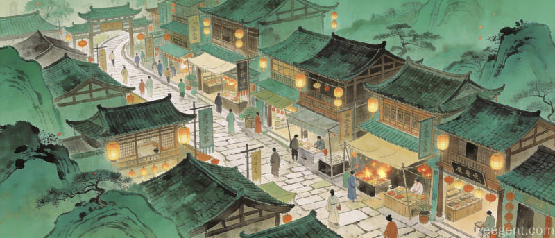 青绿山水风格传统街市鸟瞰图商铺鳞次栉比人群穿行