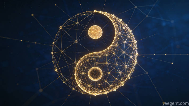 现代数据可视化网络节点与阴阳符号融合主题插画