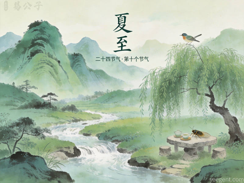青绿山水风格夏日田园溪流纳凉意境插画