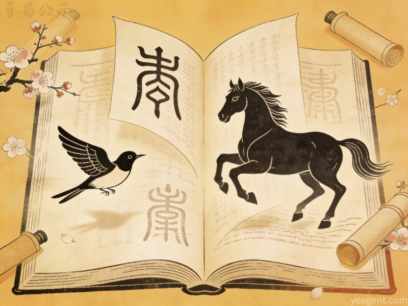 古籍风格翻开的古书中飞出骏马图案的文化传承寓意