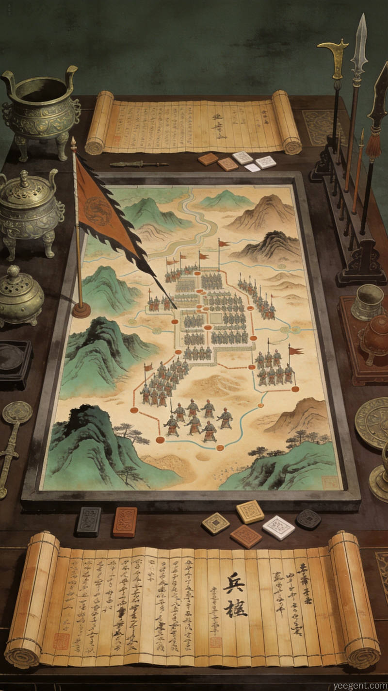 工笔风格描绘兵书竹简与古代智慧的传承场景