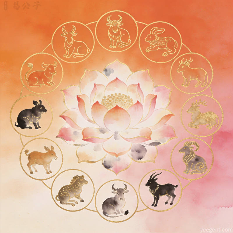 金线水墨风格十二生肖环绕莲花的祥瑞温馨图案