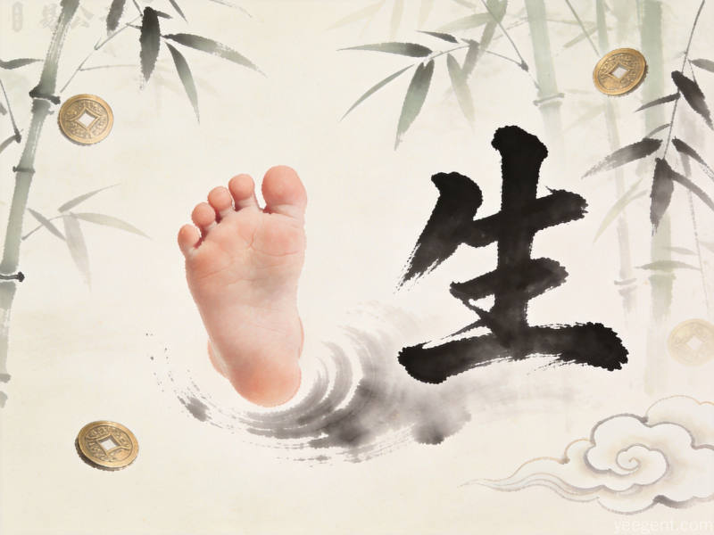 简约水墨风婴儿脚印演化汉字配竹叶纹理的清新画面