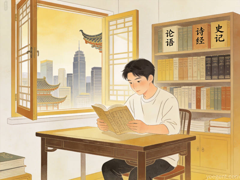 国潮插画呈现年轻人品读国学经典的现代书房