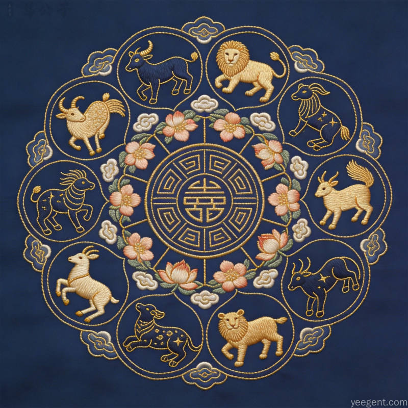 金线描边十二生肖 circular 排列图,寓意生肖配对文化的整体框架