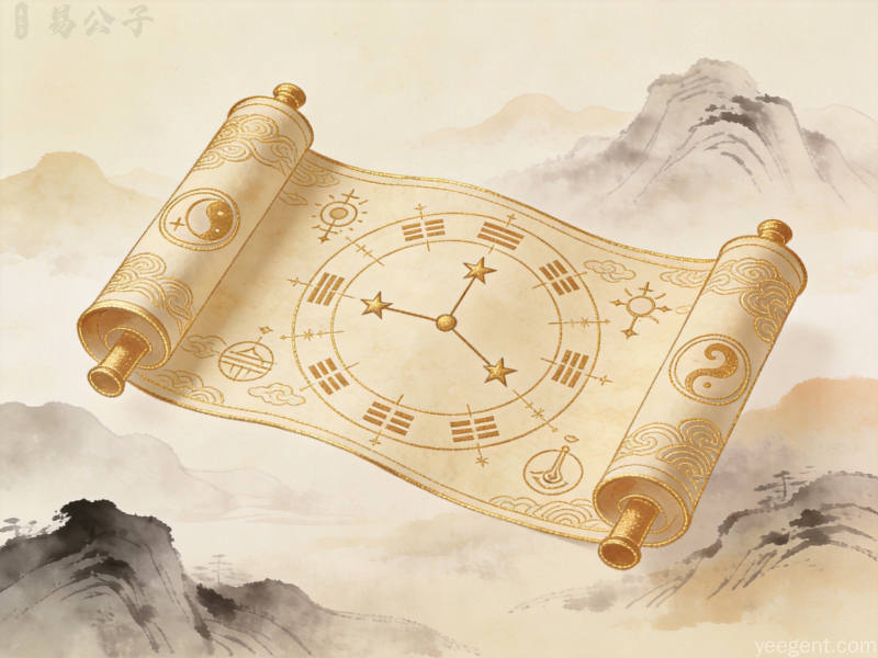 金线勾勒的传统黄历卷轴图案配以北斗七星节气符号