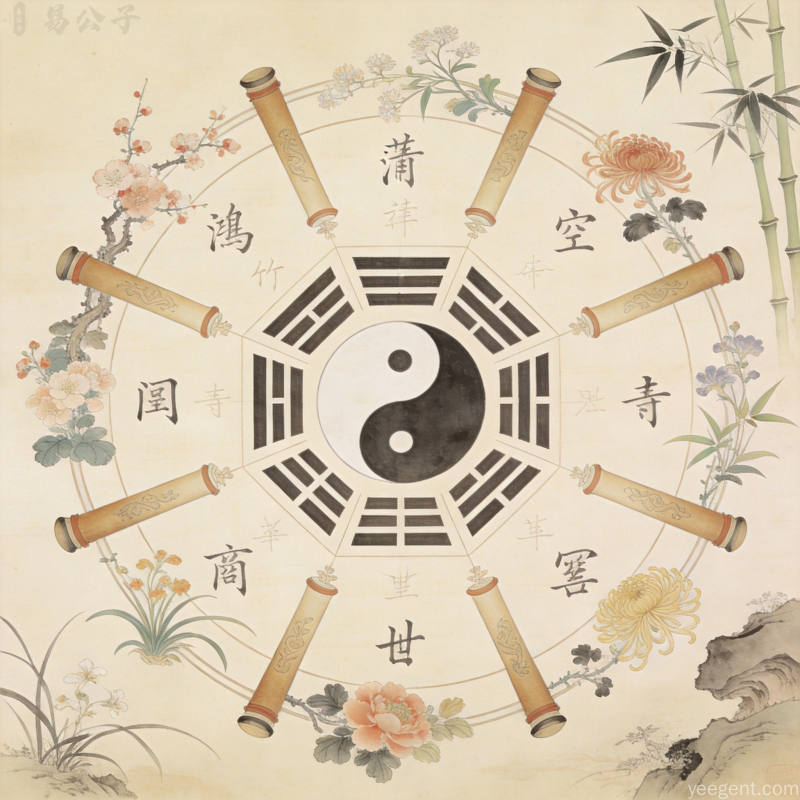 工笔画风格八卦图案与十二地支环形排列梅兰竹菊装饰