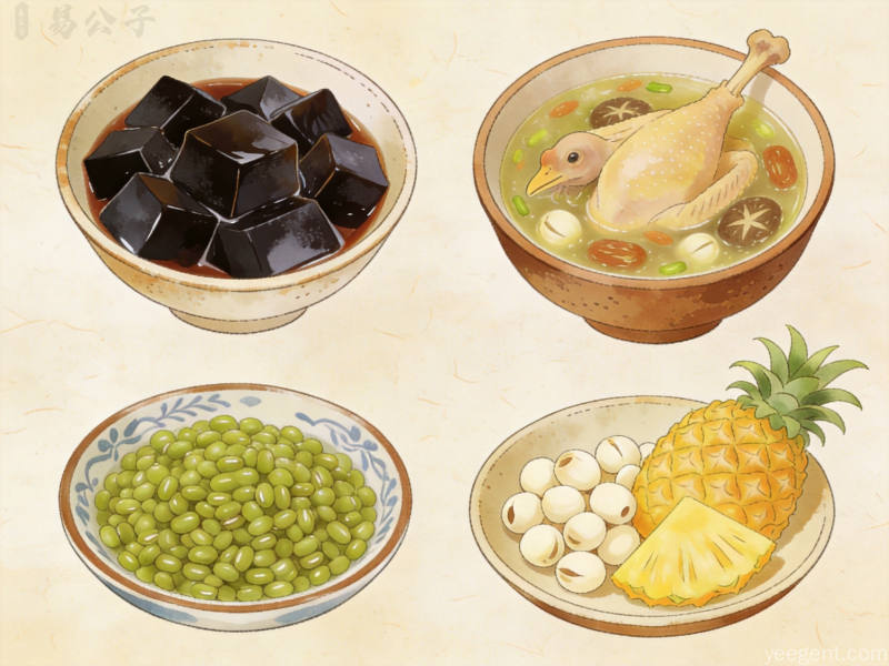 传统消暑食材仙草凉粉老鸭汤国潮风插画