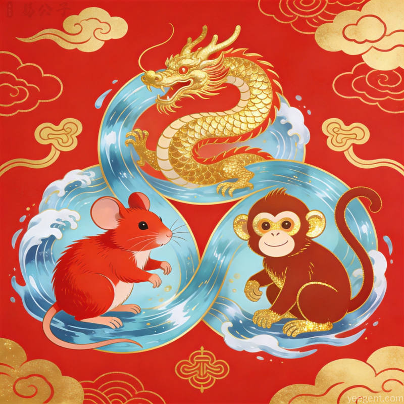 国潮风格生肖三合局示意图,展现龙鼠猴三合水局的接力逻辑