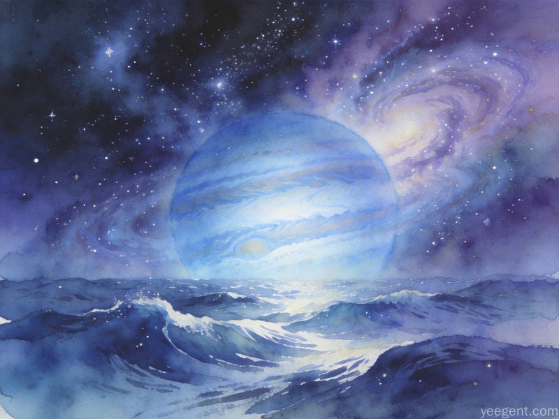 水彩风格的深蓝海王星符号搭配波浪与星云交融的梦幻迷离意境