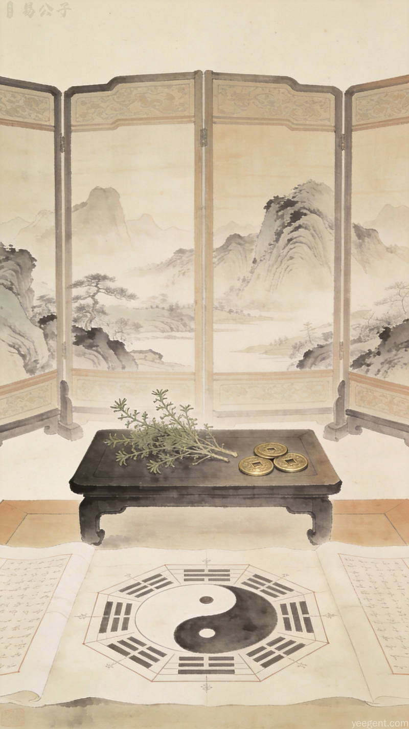 工笔画风格卦爻推演案几场景