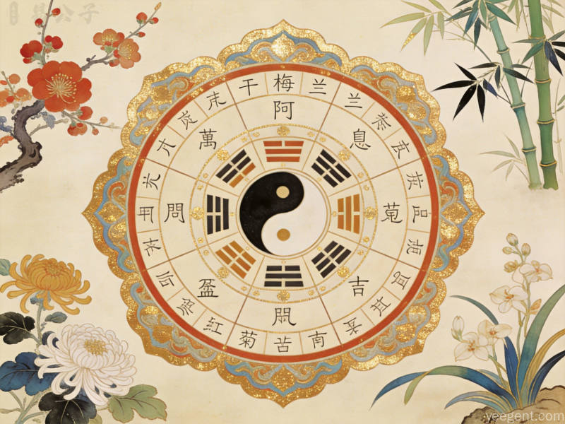 工笔重彩风格的天干地支命盘图案,搭配梅兰竹菊纹样典雅文气