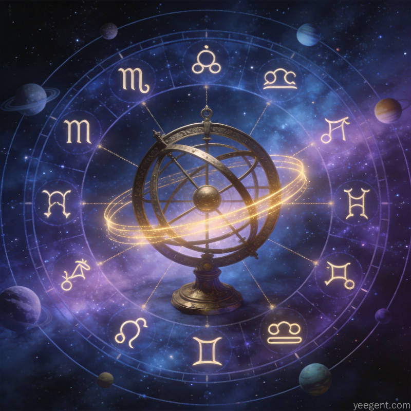 金色星盘仪置于宇宙星空中央,光带连接各星座符号呈现典雅格调