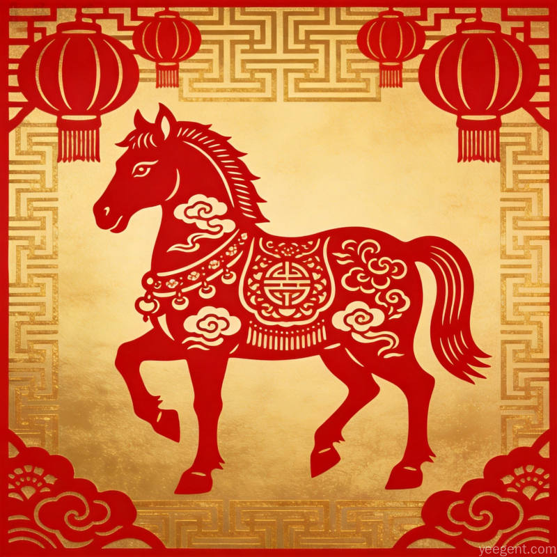 水墨风格骏马配以朱砂印章和古书卷轴,展现本命年传统文化底蕴