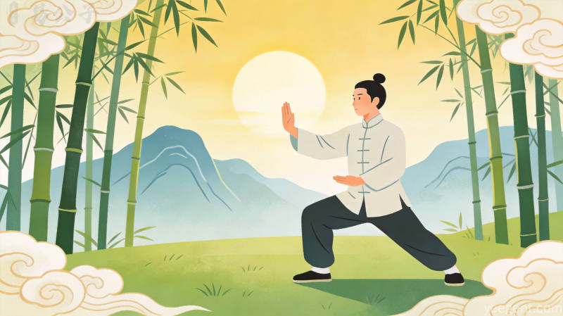 扁平插画风格晨练八段锦场景,竹林远山配以祥云纹样装饰