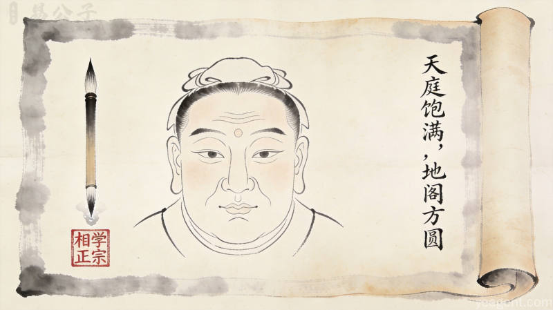 水墨留白风格传统面相古籍页面,毛笔印章搭配泛黄书页