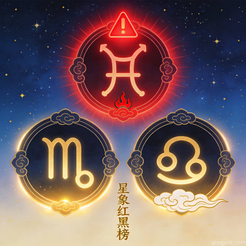 星空中三个发光的星座符号排列代表能量红榜的三个星座