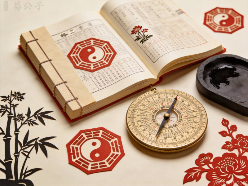 传统历书与古籍的文化意象,线装古书旁放着罗盘砚台