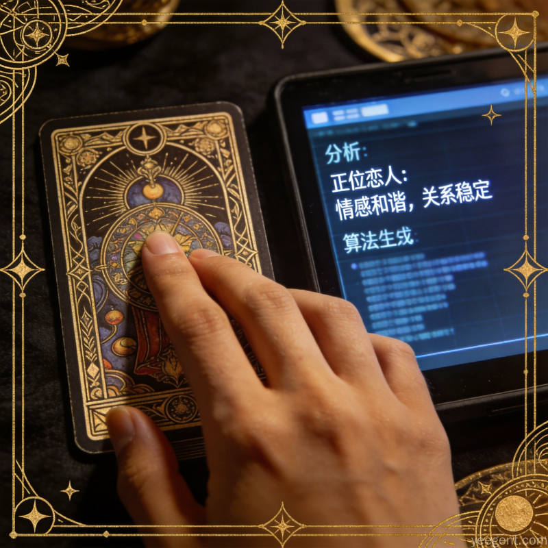 传统塔罗牌与屏幕上的数字解读界面并置对比两种分析方式