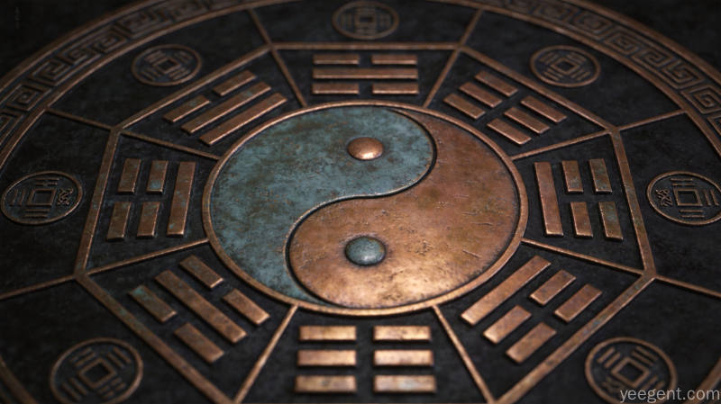 青铜纹样风格太极八卦图,阴阳鱼与先天八卦符号环绕