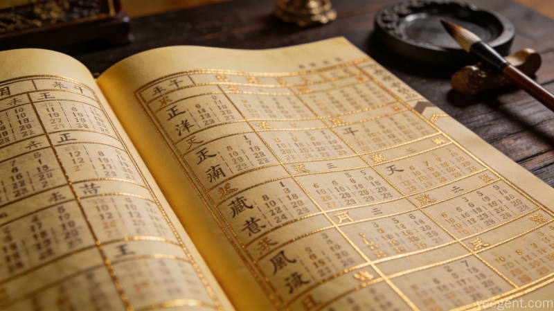 金线勾勒风格黄历万年历特写,展示天干地支标注与传统文化典籍