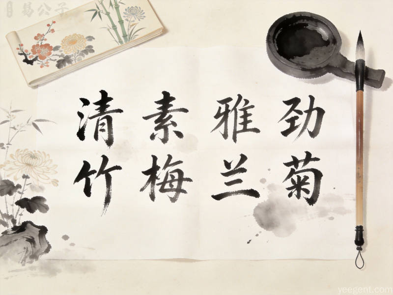 简约水墨风格的宣纸上书写几个简洁中性的名字