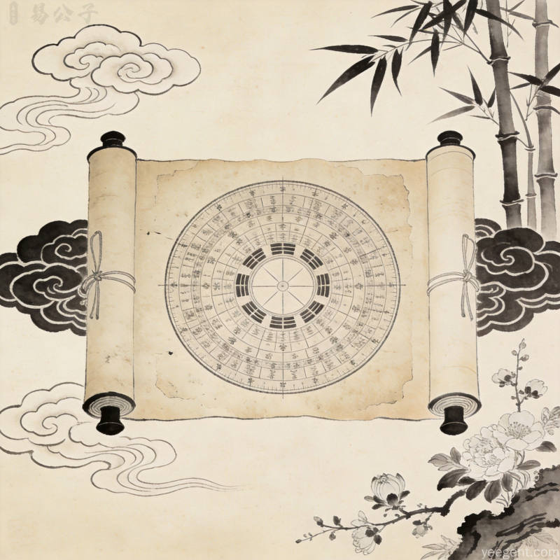宣纸纹理背景上摆放古旧罗盘与卷轴,周围环绕祥云纹样,体现传统堪舆文化的学术气质