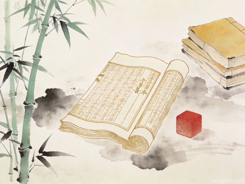 金线勾勒的古籍善本与印章组合,辅以竹子和梅兰竹菊纹饰,呈现国学典籍的文化厚重感