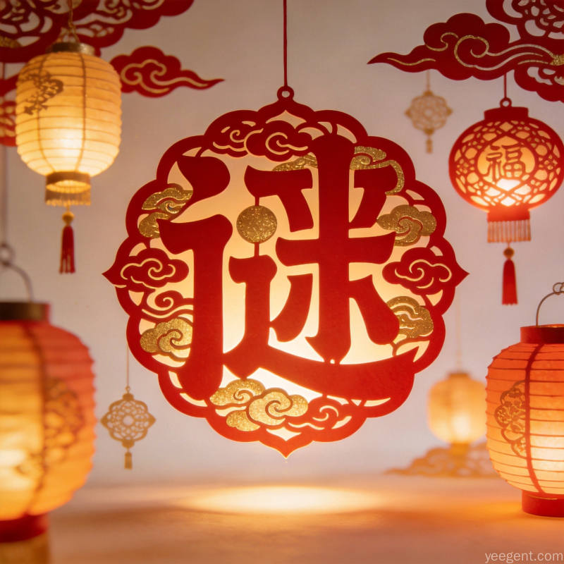 剪纸艺术风格的汉字拆解画面,篆书汉字笔画可拆分组合,周围环绕灯谜花灯装饰元素