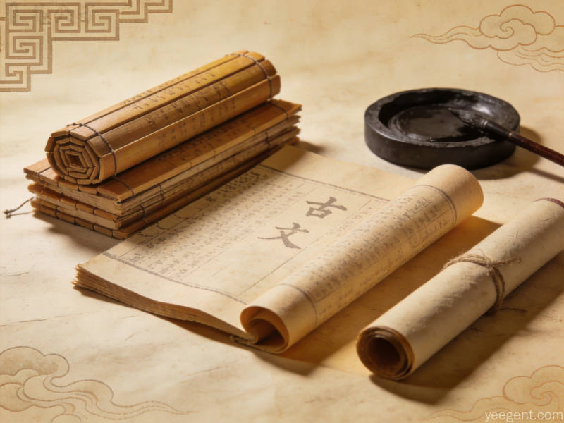 古纸色底调上展开的竹简与古籍堆叠,旁边放着砚台和卷轴,呈现历史感浓厚的古典氛围