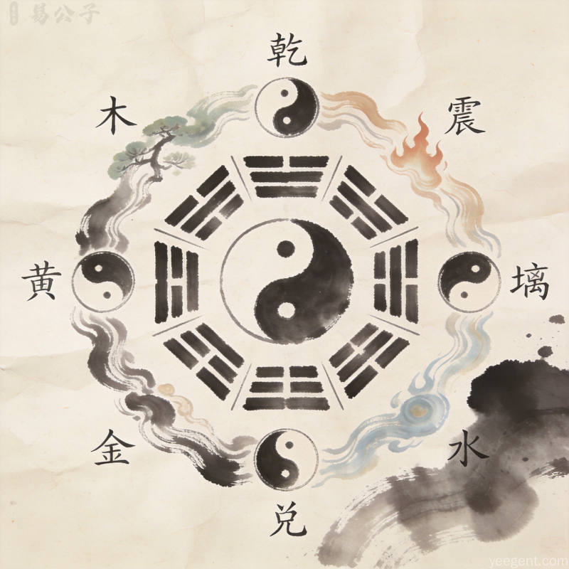 传统八卦方位图展现五行流转的水墨意象