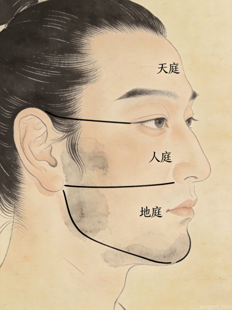 白描人物面部的三停区域划分示意图