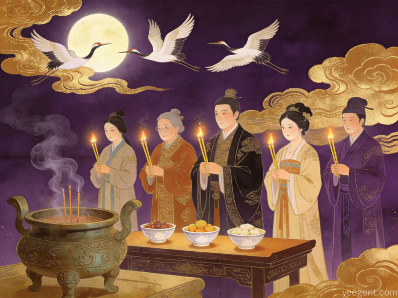 国潮风格的中元节祭祀与祈福仪式插画