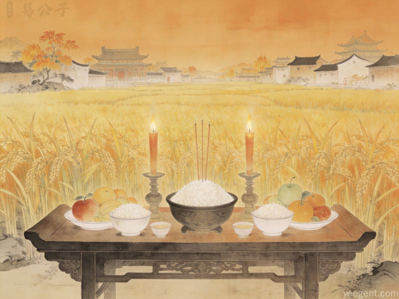 秋收时节农家供桌上新米祭品的传统场景