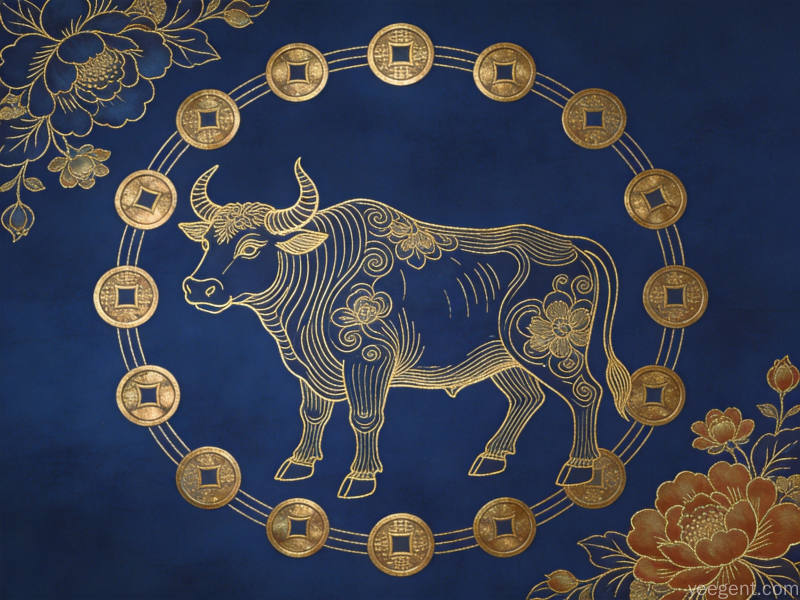 金线勾勒的生肖牛装饰画配以传统纹样